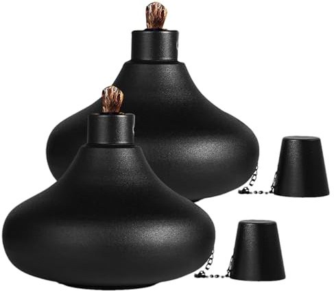 Linternas de mesa de acero inoxidable – Juego de 2 lámparas de aceite recargables de metal con mechas dobles y cubiertas protectoras, antorchas de llama de citronela para uso exterior | Decoración