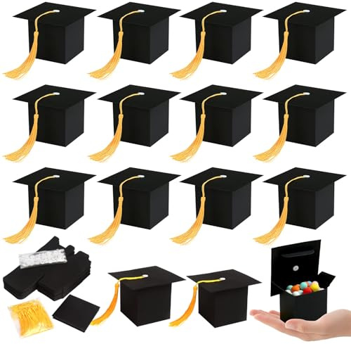 30 Piezas Caja de Regalos de Graduación, Cajas de Dulces de Graduación, Diseño de Sombrero con Borlas, para Fiesta de Ceremonia, 6X6X6CM, Negro
