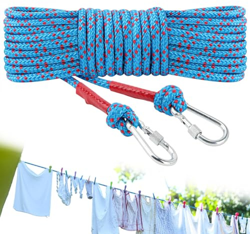 20M Polyester Washing Line Rope,10MM Heavy Duty Clothes Line with 2 Hooks,Multipurpose Strong Rope Laundry Line,Polyester Steel Core Clothesline,Washing Ropes for Outdoor Garden,Balcony,Camping