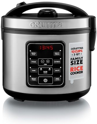Gourmia Rice Cooker – 3 Qt Capacity, 12 Cup Cooked, 6 Cup Uncooked, Digital Controls, Grain Cooker & Steamer, Built-In Steamer Basket, Nonstick Ceramic Pot, Delay Timer, Keep Warm, Stainless Steel