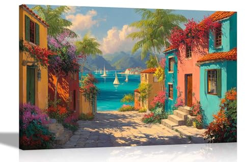 Artley Prints - Caribbean Coastal Villiage Ocean Landscape Canvas Wall Art Prints For Bedroom Hallway Living Room Home Extra Large 101 x 76cm (40 x 30 inches)