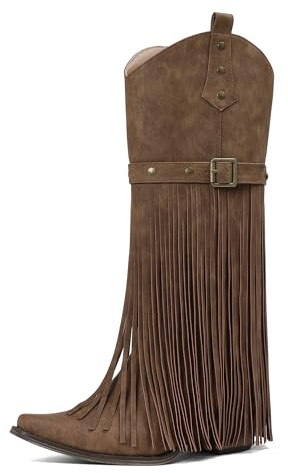 Grakihily Cowboy Boots for Women Retro Square Toe Side Zipper Block Chunky Heel Tassel Country Concert Outfits Calf Western Cowgirl Boots, M58/Light Brown, 7.5 UK