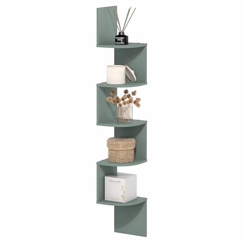 Furinno ROSSI Mensole Libreria Galleggianti Per Parete, Mensola Angolare Radiale Zigzag A 5 Ripiani Da Parete, Per Soggiorno, Camera Da Letto, Bagno, Studio Domestico, Verde Salvia