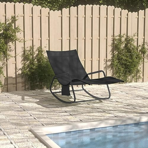 BUKSCYJS Sun Lounger with Steel Frame and Textilene Fabric Black, 4-Piece Outdoor Rocking Chair Set for Patio Garden Relaxation, Water-Resistant Breathable Material with Side Pocket