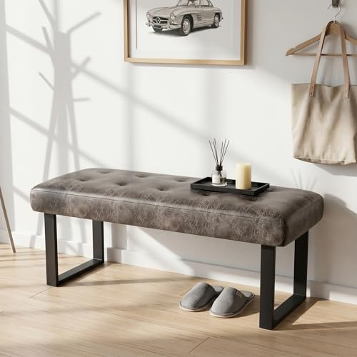 JIEXI Bench, Modern Distressed Leather Dining Bench with Metal Legs, Heavy Duty 150kg Weight Capacity, Space Saving,Easy Assembly,Comfortable Long Seat for Bedroom,Porch,Dressing Room