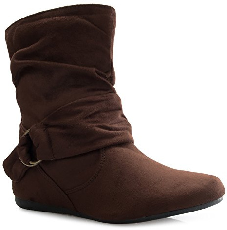Olivia K Womens Low Heel Slouch Suede Slip On Casual Ankle Boots with Ring Buckle and Side Zipper