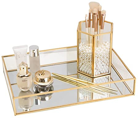 Gold Mirror Tray Perfume Display & Jewelry Organizer - Makeup, Serving, Bathroom Trays - Beautiful Art Decor, Neaten Storage for Vanity, Closet, Dresser (20 * 14 * 3.5cm)