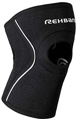 Rehband rodillera patelar de neopreno 5 mm, rodillera de soporte con apertura para la rótula, protección de rodilla para entrenamiento de fuerza, running y fitness, Color:Negro, Talla:M