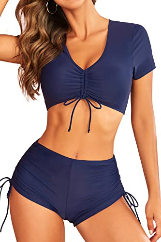 SHEKINI Set de bikini para mujer, monokini de una pieza con escote en V, mangas cortas ajustables, calzoncillos tipo boxer ajustables, traje de baño de dos piezas, azul oscuro, M