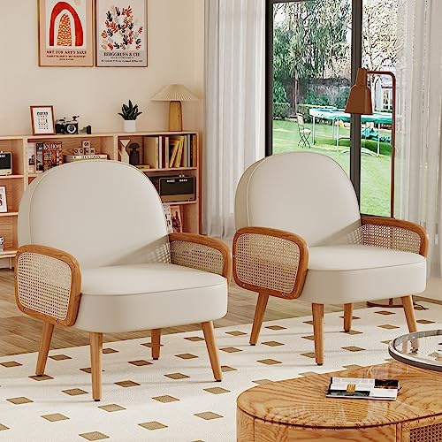 Aklaus Mid Century Modern Accent Chairs Set of 2 Upholstered Rattan Faux Leather Hobo Side Accent Arm Chairs for Living Room Bedroom Balcony Reading Club Beige