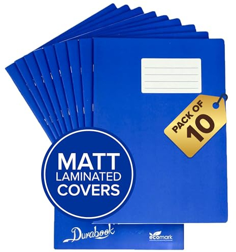 Durabook A4 8mm F&M Dark Blue Exercise Books Pack of 10, 80 Page School Exercise Book, Durable Matt Laminated Water-Resistant Cover, Ruled & Margin Notebook A4 Paper, Great Home & School Supplies