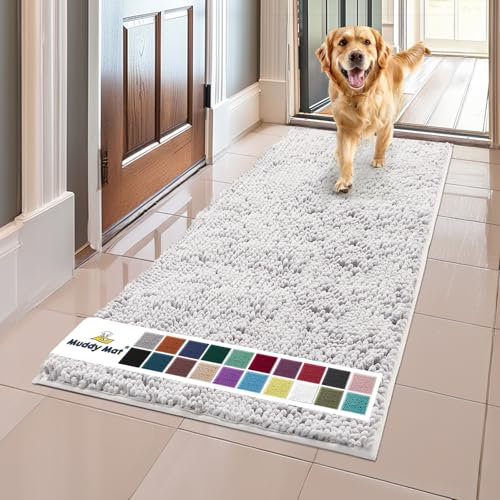 Muddy Mat® AS-SEEN-ON-TV Highly Absorbent Microfiber Door Mat and Pet Rug, Non Slip Thick Washable Area and Bath Mat Soft Chenille for Kitchen Bathroom Bedroom Indoor and Outdoor-White Runner 59X24