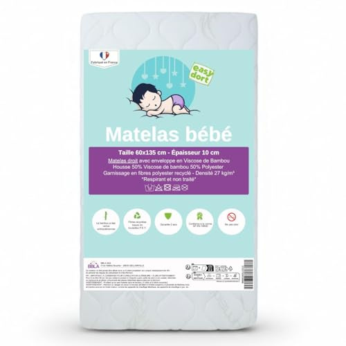Easy Dort | Matelas 60x135 cm | Matelas Lit bébé Lit Enfant 60 x 135 cm | Épaisseur 10 cm | Bambou | Fabriqué en France |