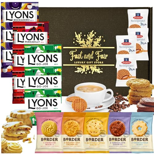 Fast and Fair UK Coffee Gift Set - Variety Selection of Lyons Coffee Bags Bundled with Border Biscuits and Indulgent Caramel Stroopwafels - 18 Items in Gold Embossed Gift Box