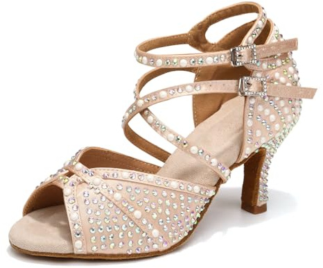 YCALCP Scarpe da Ballo Latino Donna con Strass Nudo Punta Aperta Salsa Bachata Tango Scarpe Ballo da Sala, 37 EU