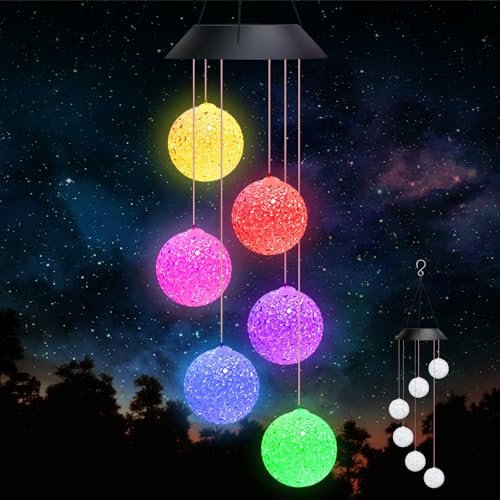 Januts LED Solar Wind Chimes Light Outdoor Color Changing Wind Chime Waterproof Mobile Garden Lamp Home Yard Patio Romantic Decorative Lights for Women Hanging Wind Chimes for Mum (Ball)
