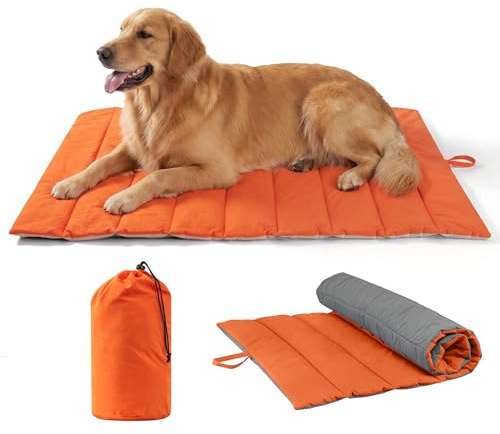 UNIKOME Cuccia Cane Grande per Interno e Esterno, Cuscino Cane Impermeabile, Facile da Lavare, Pieghevole, Resistente Materassino Cani/Gatto/Pet per Viaggi All'aperto (Arancione+Grigio, 110x68cm)