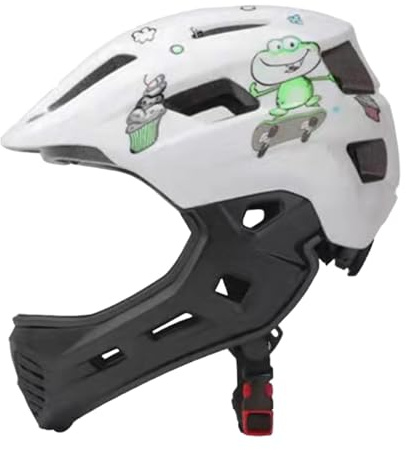 Ronyme Casque Enfant Velo, Casque Intégral pour Enfants, Casque Enfant avec Mentonniere, 48-58 cm Ajustable, Accessoires avec Lumière Arrière, pour D'équilibre Patins à roulettes, Grenouille et Blanc