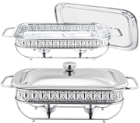 Chafing Disk Bufféset Rostfritt stål Oval Guld Chafing Disk Bufféset 1,5 L x 2Pack Warmer Server med bränslehållare Rektanglar Matvärmningsbricka, för fester Bröllop Utomhusbankett, Silve