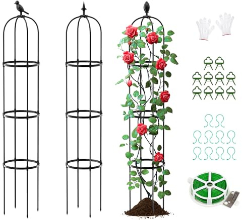 SUNYRISY Juego de 3 obeliscos de jardín, 184 cm de altura, para plantas trepadoras como flores, tomates, rosas, etc., resistente a la intemperie, metal revestido para decoración de jardín
