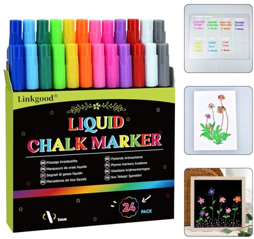 24 kritpennor för tavla tvättbar, 12 färger fönsterpennor fönstermålarpennor vita väggpennor kritpennor för fönster krittavla tavla whiteboard glas för vuxna barn, 1 mm fin
