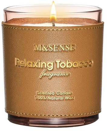 M&SENSE Velas Aromáticas Tabaco Relajante 283g, Diseño Cuero Británico, Regalo Navidad Hombre y Mujer, Cera de Soja 50h, Decoración Hogar Cálida