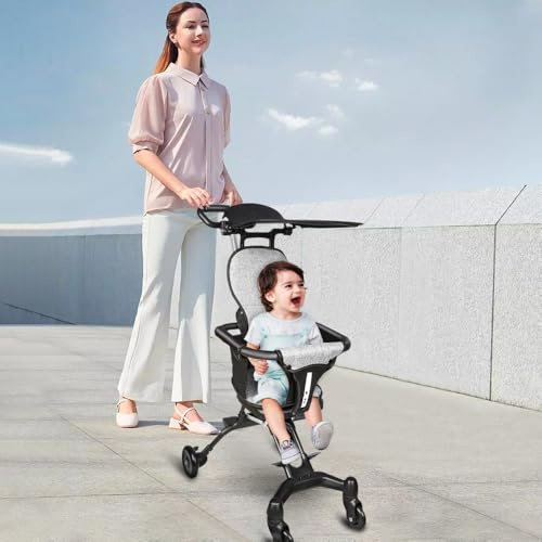 Kinderwagen, 0 – 4 Jahre, 0 – 25 kg, Kinderwagen, leicht und kompakt, verlängerte Position, automatisches Zusammenklappen, 30 x 55 x 86,5 cm – Grau + Schwarz