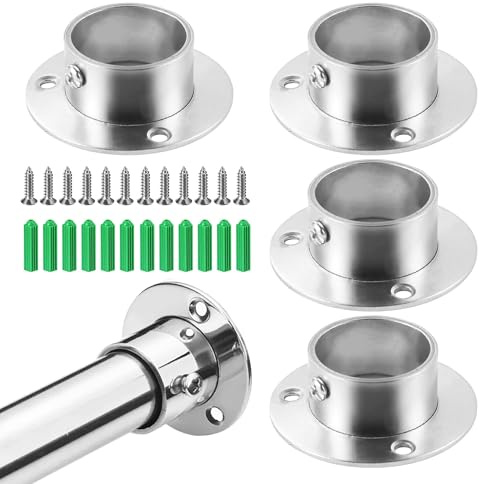 4 Soporte para barra de ropa,Soporte de tubo redondo,Soportes de acero inoxidable para barra de armario,para armario,armario,baño,cocina,etc.Juego de bridas para barra de colgar (plateado, 25mm)