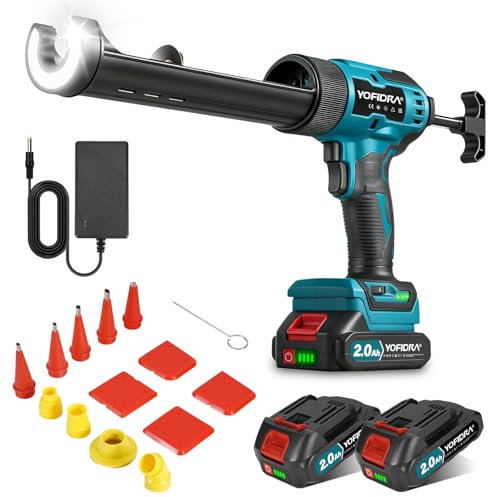 Yofidra Pistola Silicone Elettrica, Pistola Cartuccia a Batteria, Forza 600kg, 6 Velocità, Luce LED, 2x2.0Ah Batterie, 13 Accessori inclusi 5 Ugelli per Cartucce da 300ml per Casa e Lavori Edili