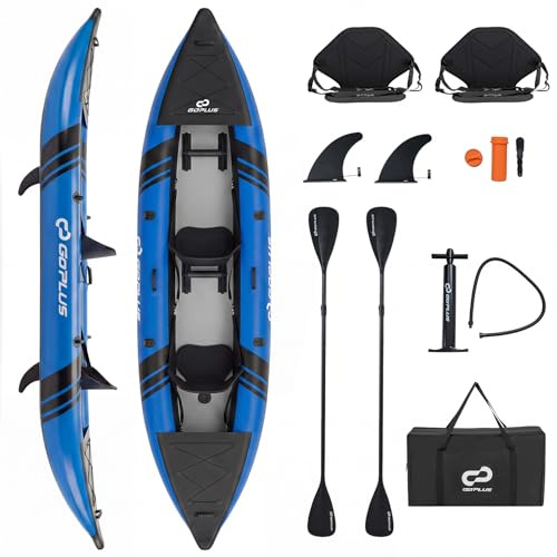 COSTWAY Juego de Kayak Hinchable 2 Plazas, 381 cm Barca Hinchable Portátil con Capacidad de 230 kg, 2 Asientos Acolchados y Reposapiés Ajustables, Remos de Aluminio y Bomba de Mano (Azul)