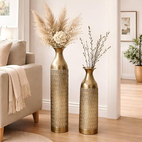 Dekoleidenschaft Lot de 2 vases de sol dorés en métal, élancés, 63 et 72 cm, taille XL, vase décoratif, vase à fleurs