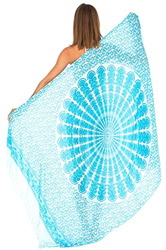 SHU-SHI - Beach Sarong - for Women - Bikini/Swimsuit Wrap & Clip - Mandala Peacock - One Size - Turquoise/White