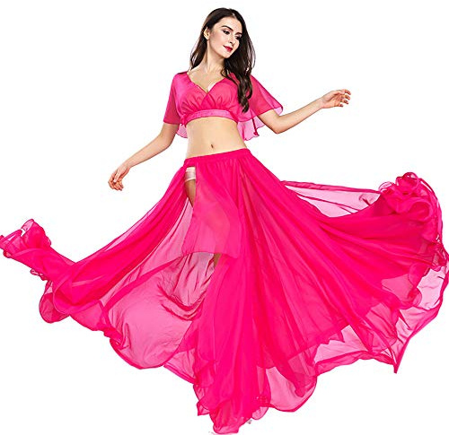 ROYAL SMEELA Träning övning kläder magdans kjol toppar magdans kostym kvinnor chiffong topp kjol set magdans övning kläder magdans outfit sexig magdans kostym magdans kostym magklänning, Rosa (Hot Pink), en storlek