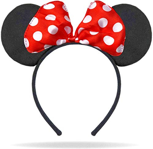 Hatstar Haarreifen mit Maus Ohren | Mouse Ears in schwarz mit roter Schleife und weißen Punkten | Fasching & Karneval | für Kinder und Erwachsene