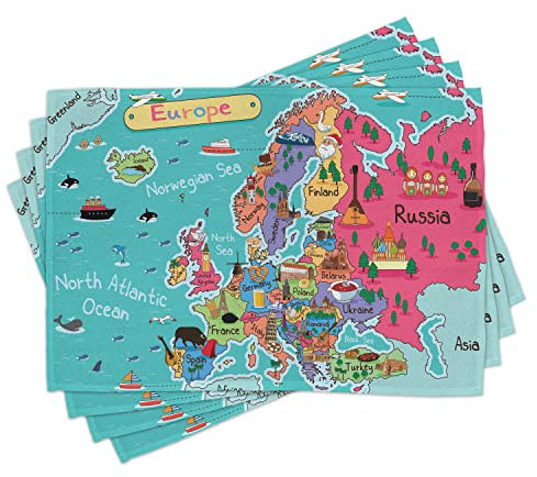 ABAKUHAUS Mapa Salvamantel Set de 4 Unidades, De Dibujos Animados Europa Mapa Lugar de interés, Material Lavable Estampado Decoración de Mesa Cocina, Multicolor