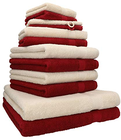 Betz 12-TLG. Handtuch Set Premium 100% Baumwolle 2 Duschtücher 4 Handtücher 2 Gästetücher 2 Seiftücher 2 Waschhandschuhe Farbe rubinrot/Sand