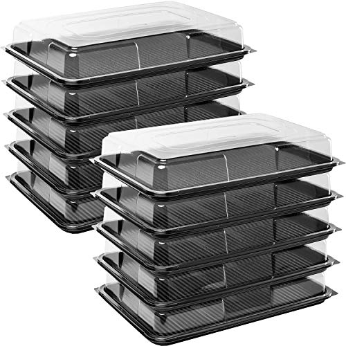delisupplies Pack of 10 Large Rectangle Food, Cake, Sandwich Platter Tray Set, Black Tray Base with Clear Lid Durable Buffet Catering Food Sandwich Trays (L450mm x W310mm x 75mm with Lids)