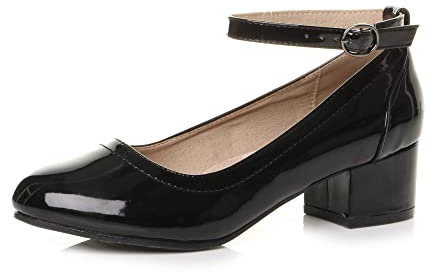 AJVANI Low mid Block Heel Mary Jane Casual Buckle Court Shoes Size 6 39 Black Patent