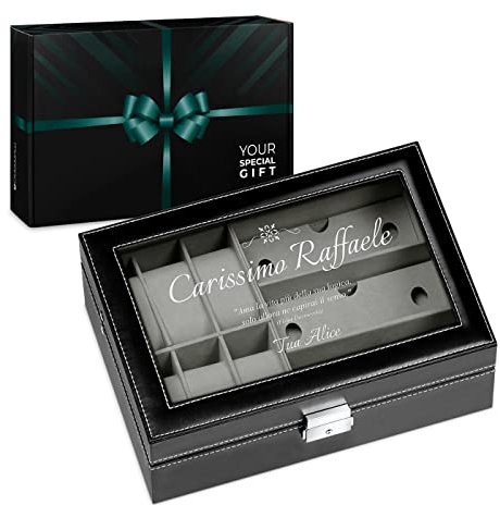 Maverton Scatola Porta Occhiali ed Orologi - 9 scomparti - 6 Orologi - 3 paia di Occhiali - in Similpelle Nera e Velluto Grigio - Personalizzato con Incisione - per uomo - Vita