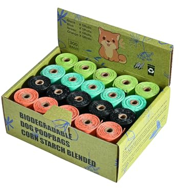 Hundekotbeutel, biologisch abbaubar, 4 Farben, 300 Stück, bunte Nachfüllrollen, auslaufsicher und extra dick, 20 Rollen, 300 Stück
