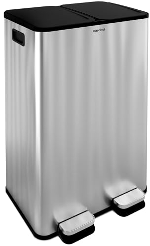 CASABEL Poubelle Cuisine Tri Sélectif 60L - 2 x 30 Litres, Double Compartiments 2x30L, Acier INOX Brossé, Poubelle Recyclage Rectangulaire à Pédales, Anti Traces, Anti Odeurs, Entreprise Française