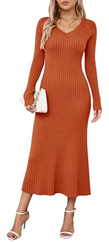 Arach & Cloz Abito Lavorato a Maglia da Donna con Scollo a V Abito Autunno Inverno Abito Maglione a Maniche Lunghe Aderente Abito Elegante