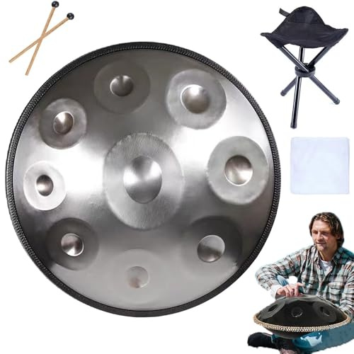 9/10/12 Noten Handtrommel,D Moll 56cm Handpan Drum Mit Ständer,Handpan-Tasche, Für Klangheilung,Meditation,Yoga,432 Hz/440 Hz Handpan Schlaginstrument(Silber,9 Notes(432HZ))