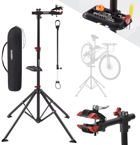 AREBOS Support de Montage Professionnel pour Vélo | Pour VTT et Vélo Électrique | Rotatif 360° avec Dispositifs de Libération Rapide | Support Charges Lourdes + Sac | Noir/Rouge