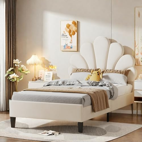 RWUDV Kinderbett Polsterbett 90x200 cm, Bett Einzelbett für Mädchen, Bettgestell mit Kopfteil in Blumenform und Lattenrost, Mädchenbett aus Massivholz und Samt, Ohne Matratze, Beige