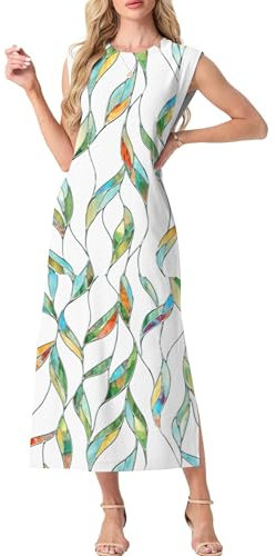 GRECERELLE Womens Summer Maxi Long Dress Casual Flower Sleeveless Crew Neck Split Hem Shift Dresses with Pocket for Ladies UK (White Colorful Leaf, L)
