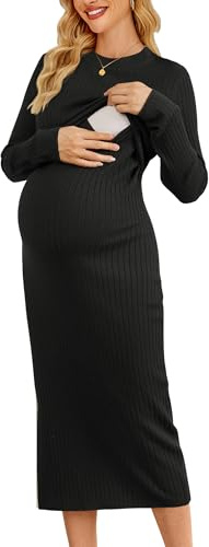 OUGES Women's Wool Blend 2025 Fall Winter Maternity Sweater Nursing Dress Long Sleeve Turtle Neck Ribbed Knit Breastfeeding Baby Shower Dresses Prenancy Must Have Outfits for Work Funeral(Black,S)