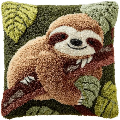 Henypt Kits De Crochet Pour Débutants, Paresseux animal Kit de Coussin avec Crochet à Loquet,Latch Hook Kit Coussin À Crocheter 43x43cm