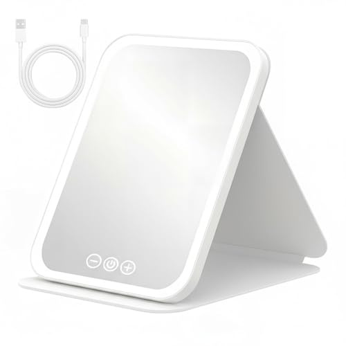 Specchio da Trucco con Luce LED, Touch Screen Tre Colori Regolabile Illuminato Specchio Trucco, Specchi Tavolo Pieghevole Portatile per Viaggio e Casa con Interruttori Sfioramento Funzione Memoria