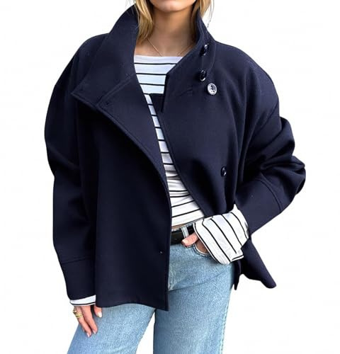 Dasongff Manteau Court en Laine à Col Montant et Boutonnage Simple pour Femme avec Poches